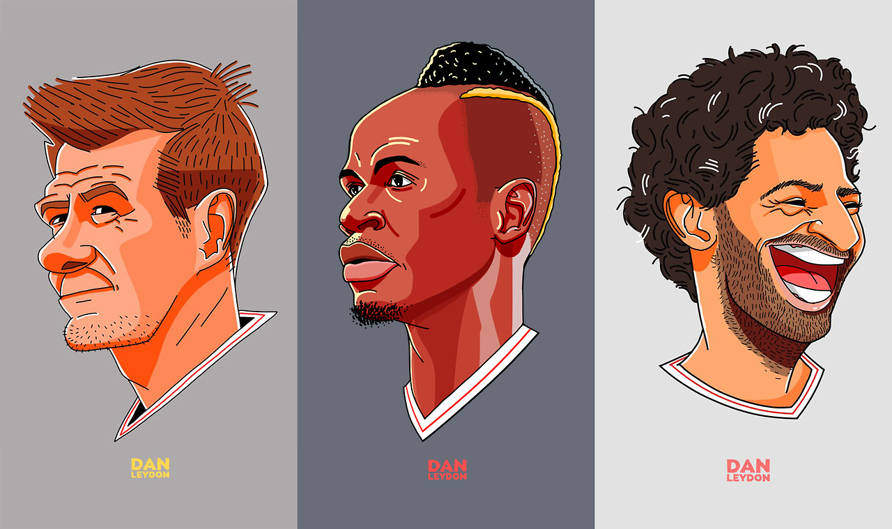 Gerrard, Mané y Salah vistos por Dan Leydon.